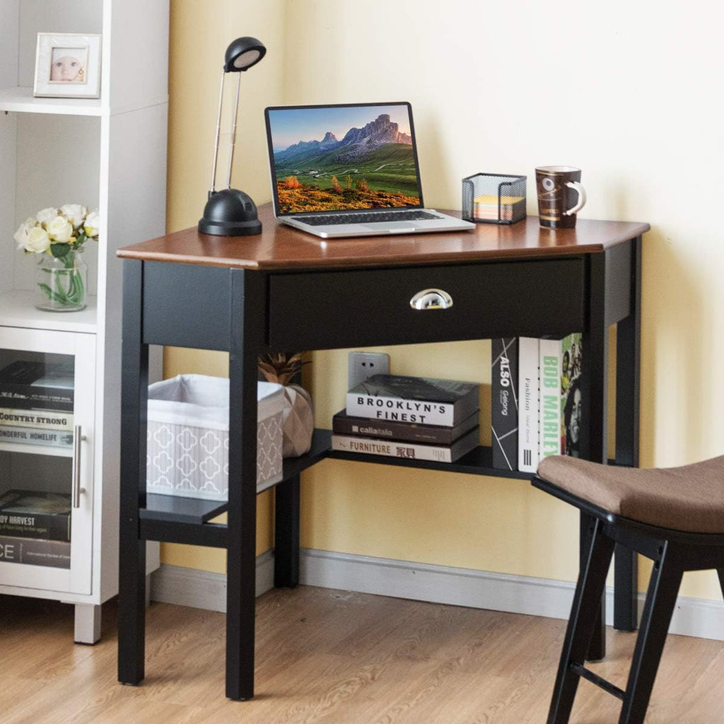 Tangkula Corner Desk, Corner Computer Desk with Drawer for Small Space, Small Corner Makeup Vanity Desk, 90 Degrees Triangle Corner Desk with Storage Shelves (Coffee & Black)