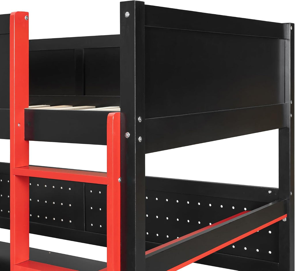 Merax Wooden Gaming Loft Bed with Storage Stairs, Desk, Shelves & Pegboard, Twin Size, Black+Red
