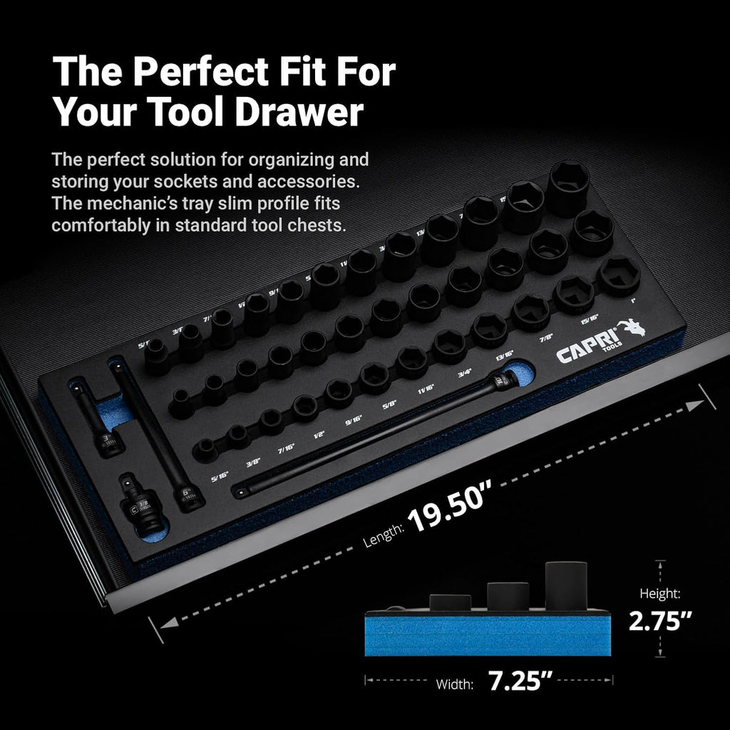 Capri Tools 3/8 in. Drive Master Shallow, Semi-Deep and Deep Impact Socket Set with Extensions and Universal Joint, SAE, 5/16 to 1 in., 40-Piece with Mechanic's Tray