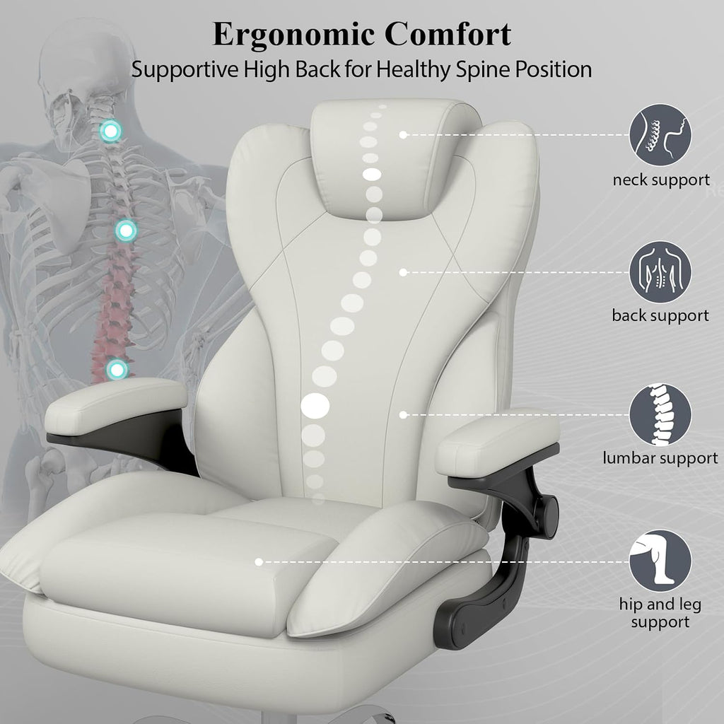 Office Desk Chair, Executive Leather Office Chair, High Back Ergonomic Home Desk Chair with Padded Flip-up Arms, Big and Tall Computer Chair with Rocking Function, 360°Swivel Free, White