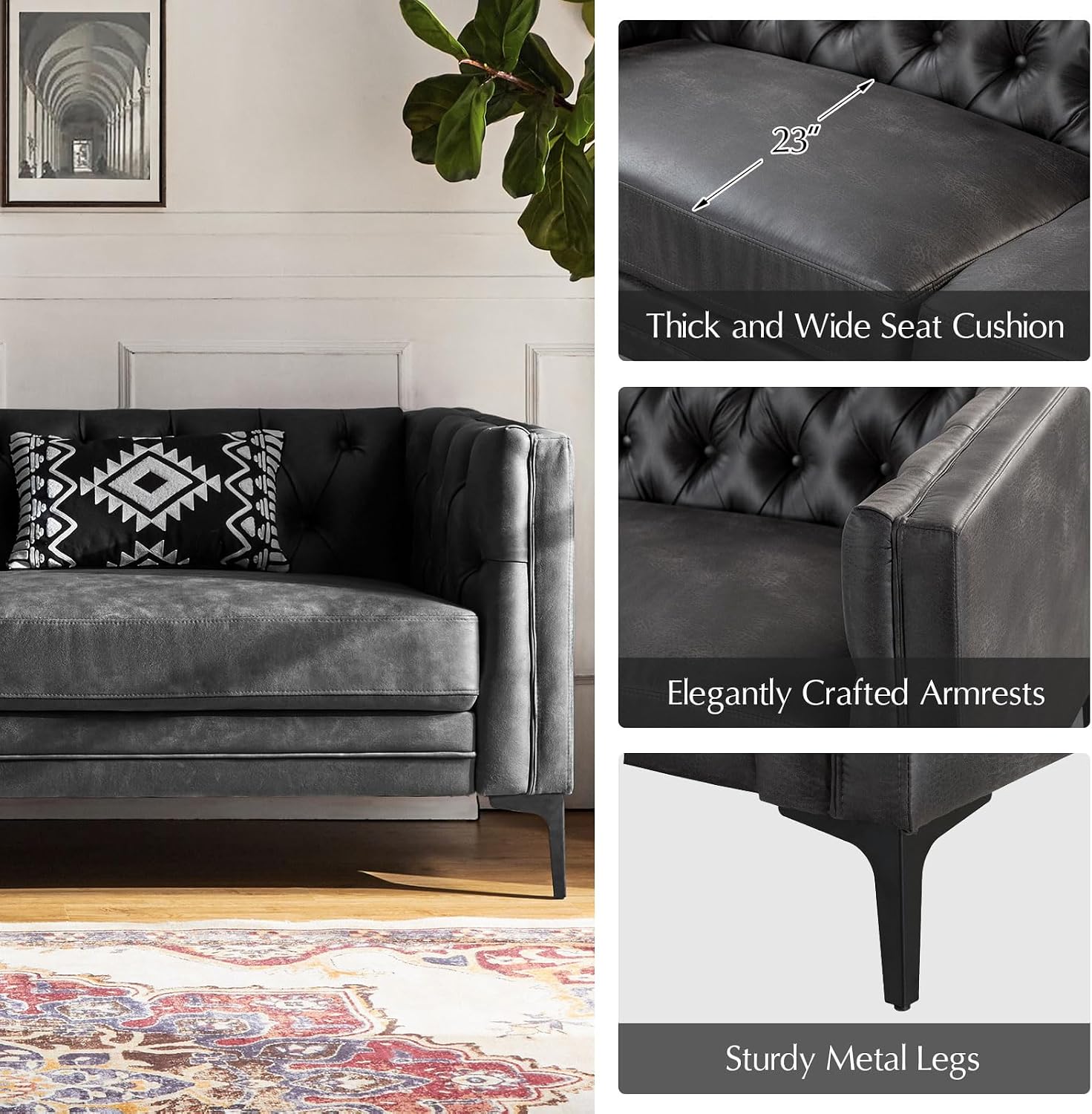 HULALA HOME 84' W Faux Leather Sofa Couch with Metal Legs, Button-Tufted 3-Seater Sofa, Mid Century Modern Contemporary Upholstered Couch for Living Room, Apartment, Charcoal