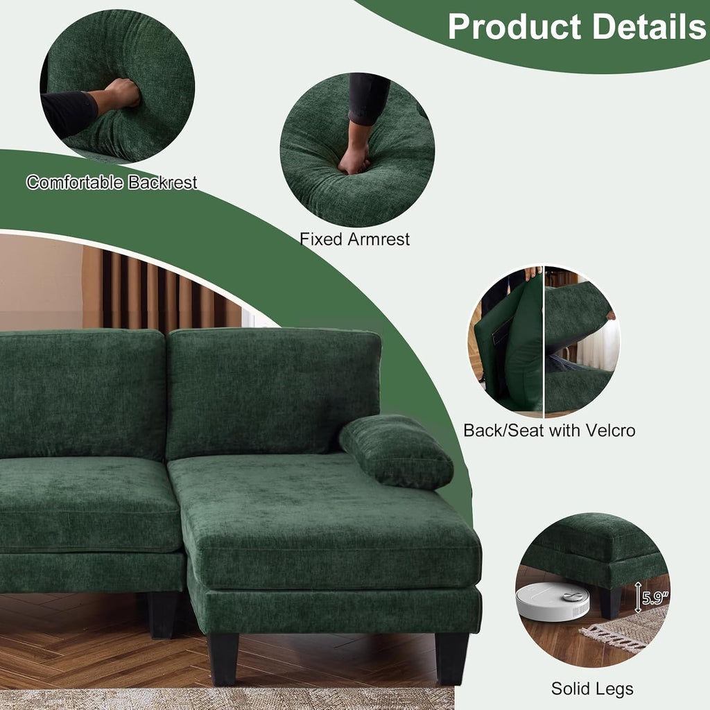 Karl home 111' Sectional Sofa U-Shaped 4-Seat Couch with Chaises Wood Grian Legs Chenille Fabric Upholstered for Living Room, Apartment, Office, Green