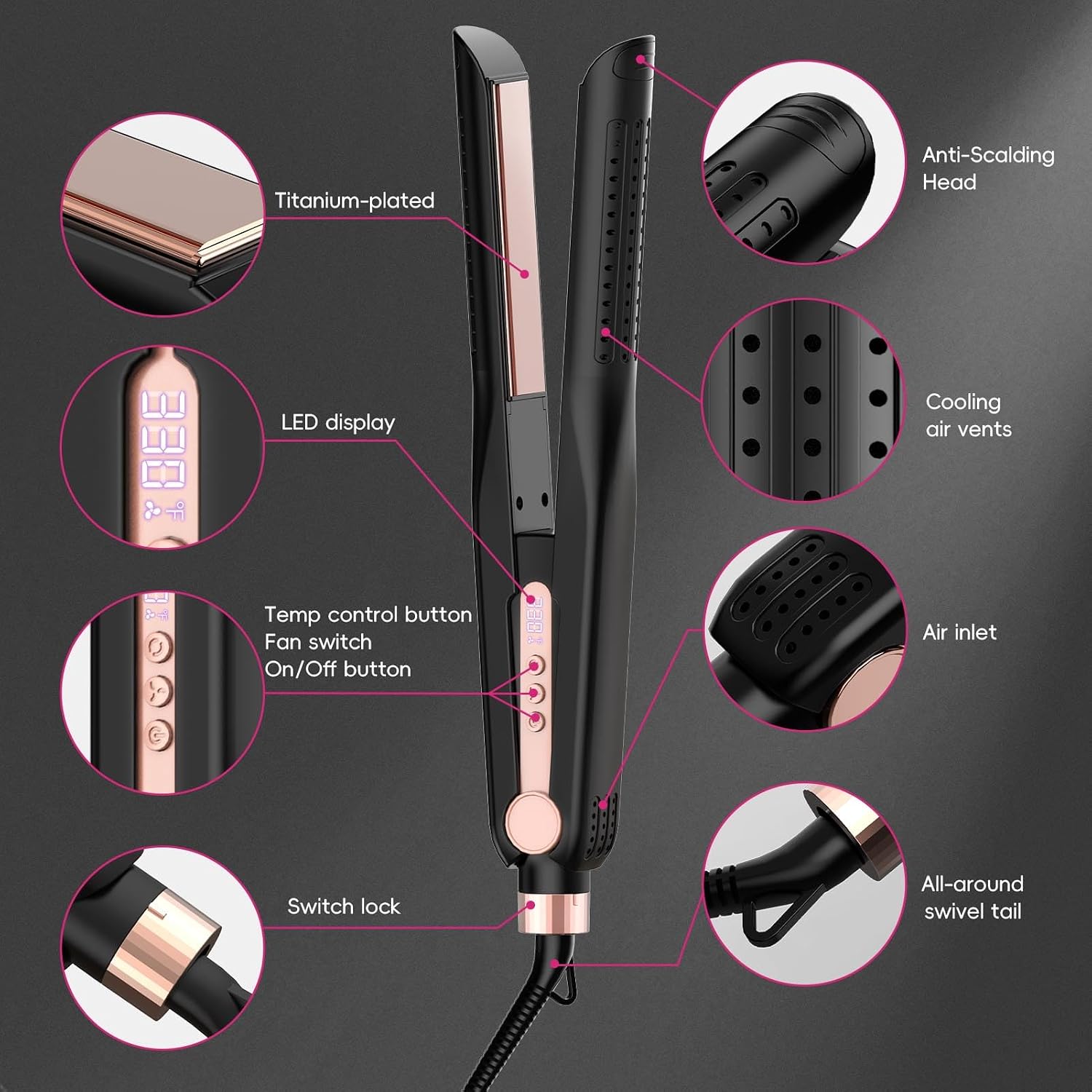 SKIMI Airflow Styler 2.0 Titanium Flat Iron Hair Straightener & Curling Wand, 96 Cool Air Vents for 48H Lasting Style, Dual Voltage for Travel & Home, Anti-Tangle, 5 Temps (Black & Blush).