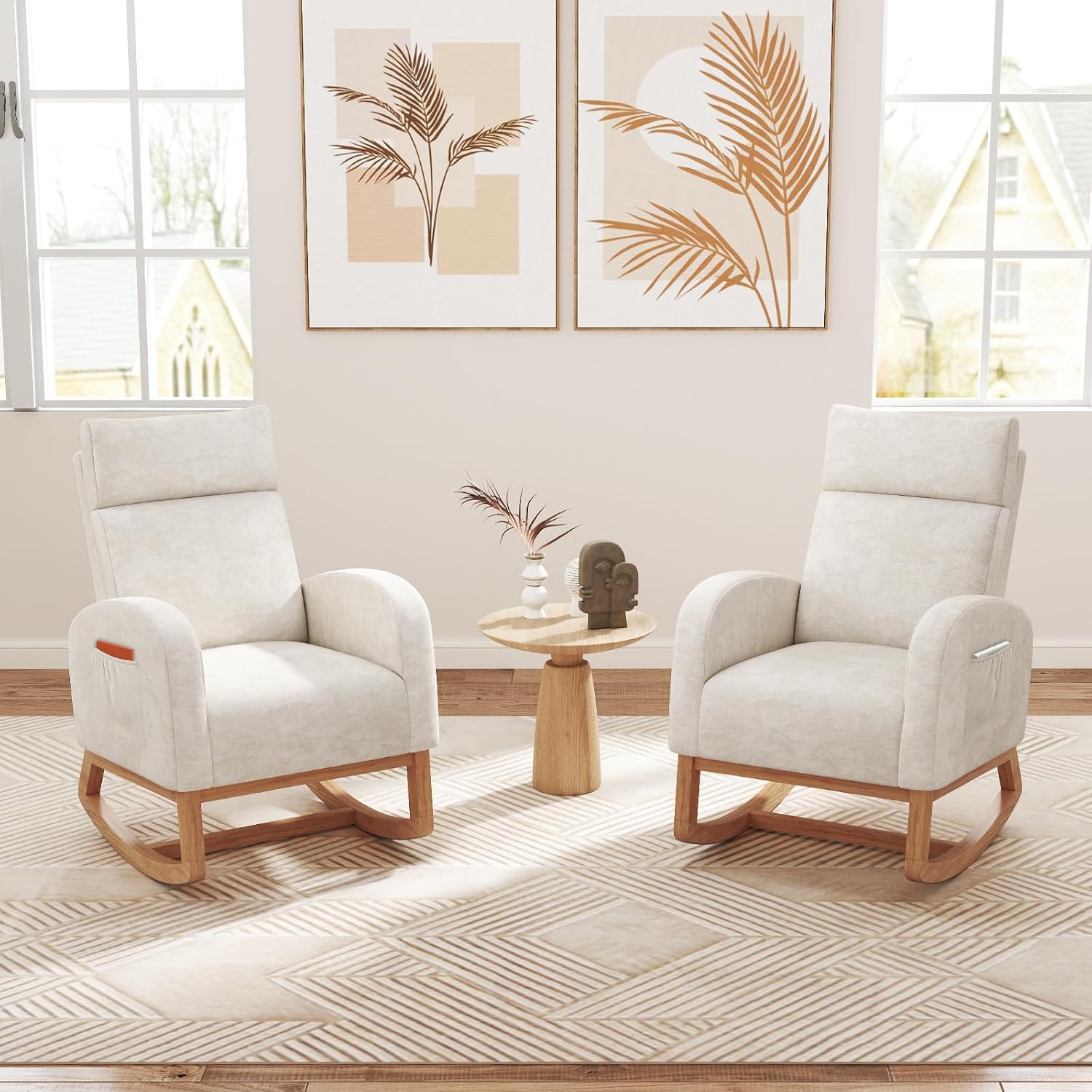 Giantex Rocking Chair Nursery, Upholstered Chenille Rocker Chair w/Side Pocket, Natural Rubber Wood Frame, High Back, Modern Nursery Glider Armchair for Living Room, Bedroom