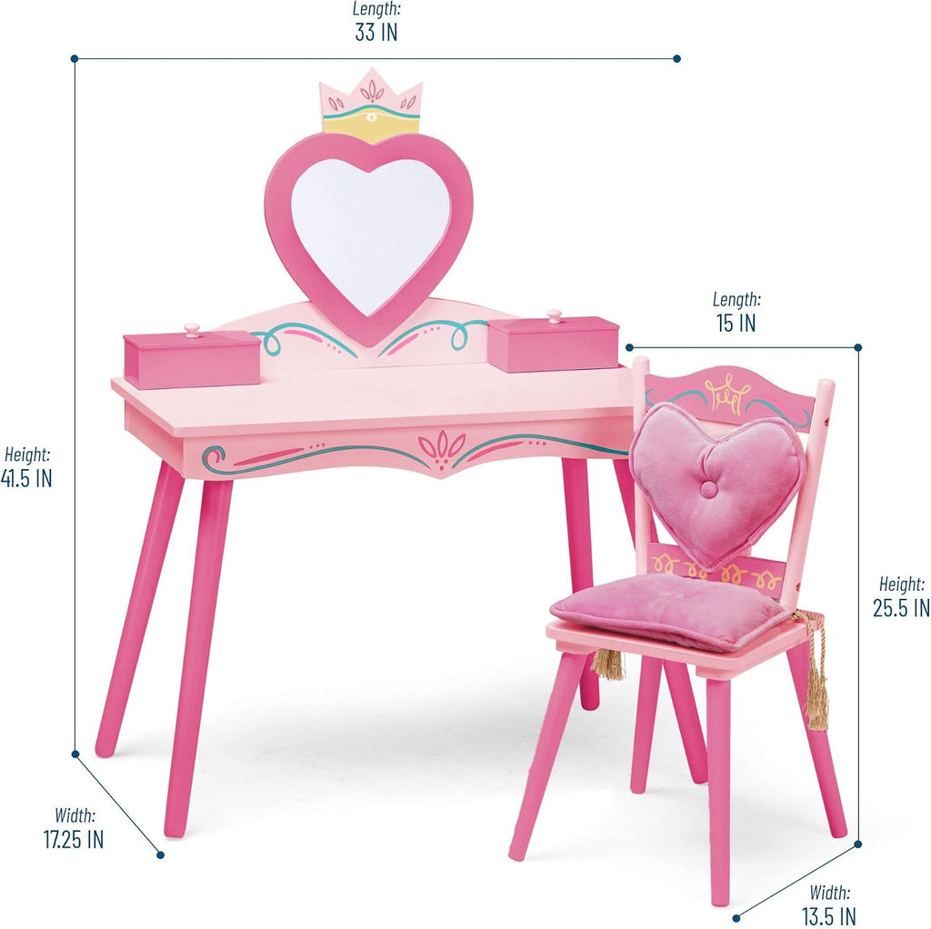 Wildkin Kids Princess Vanity & Chair Set – Wooden Vanity for Girls with Mirror, Jewelry Box & Music Box, with Removable Cushioned Chair - Pink