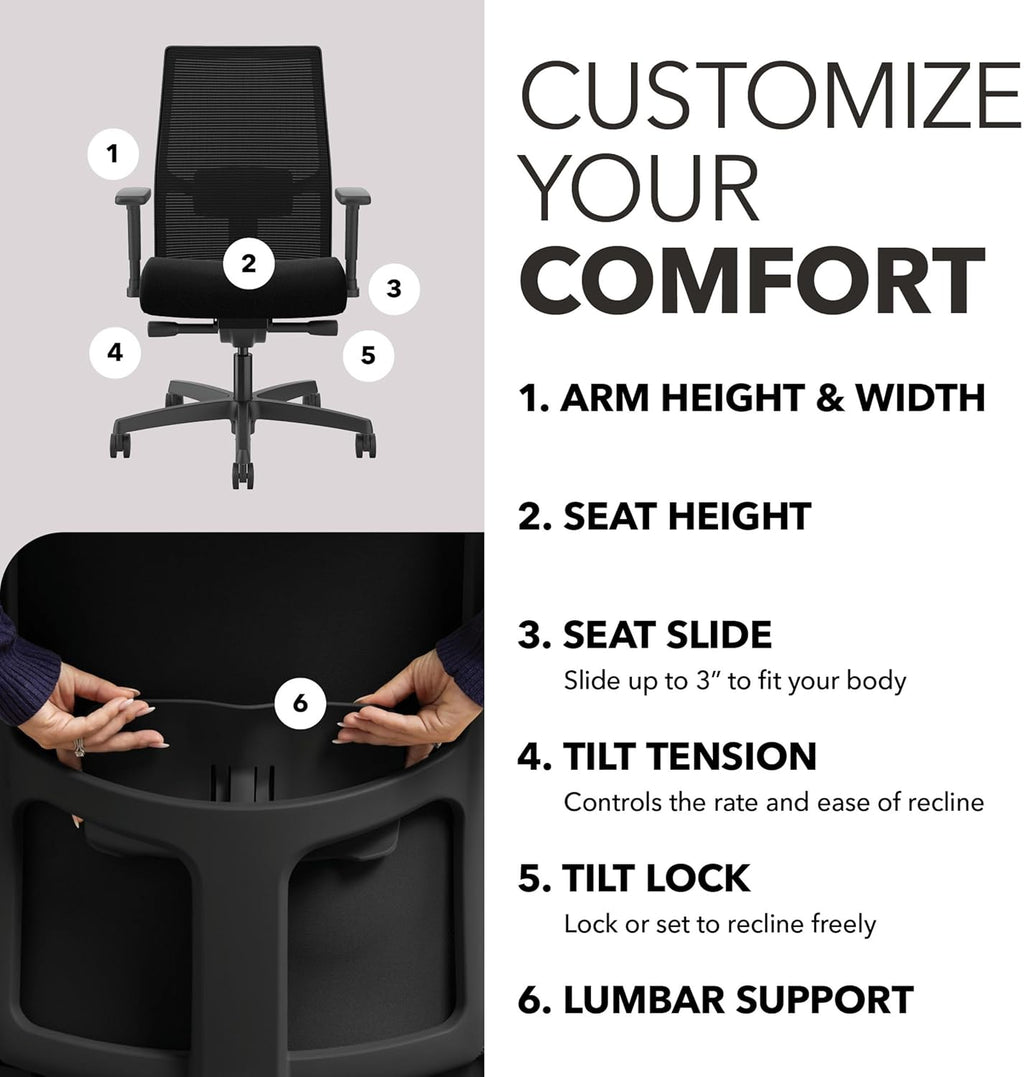 HON Ignition 2.0 Mid‑Back Ergonomic Office Chair, Mesh Task Seating with Lumbar Support, Advanced Synchro‑Tilt, Height and Width Adjustable Arms, Black Frame, Black