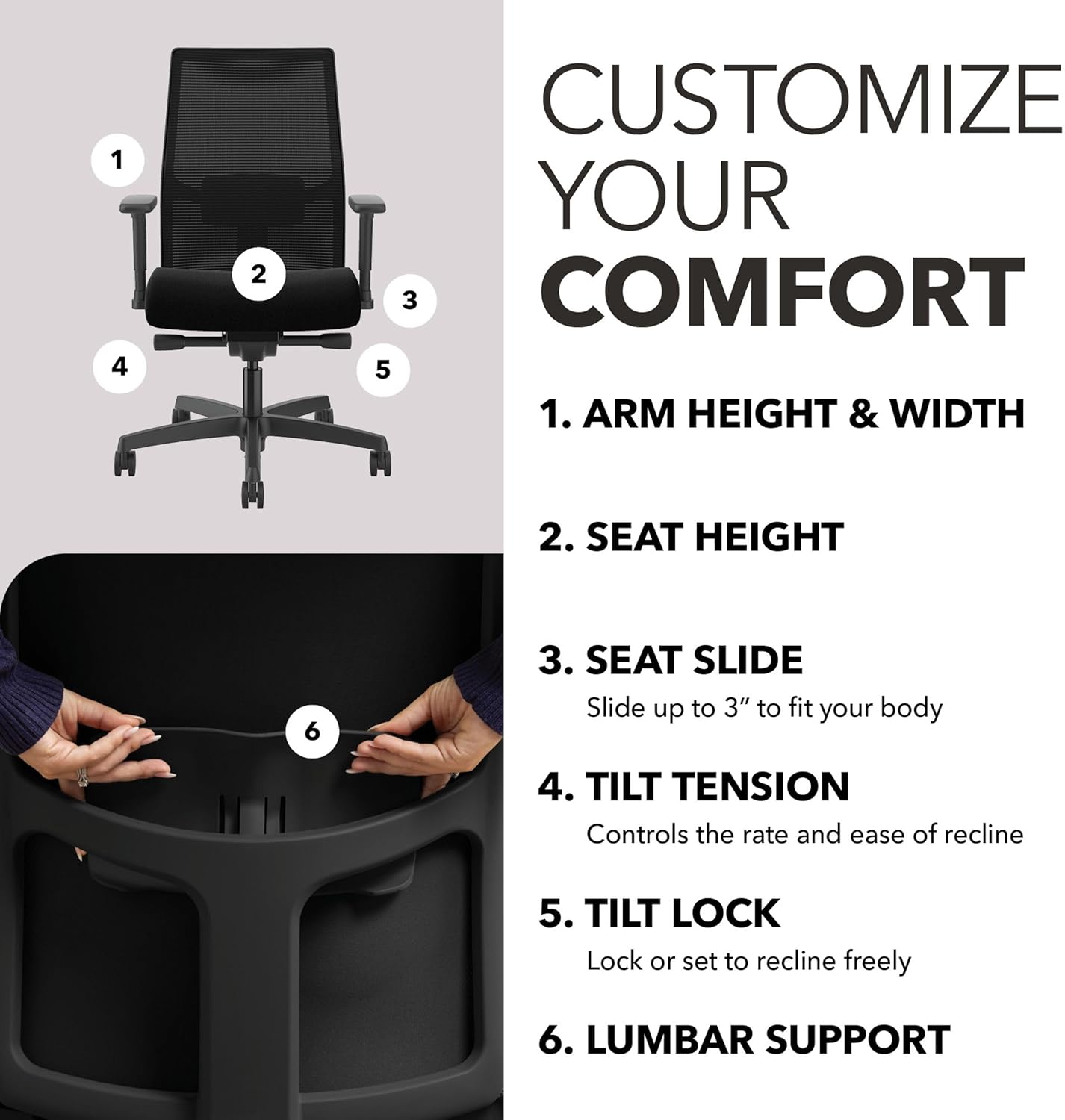 HON Ignition 2.0 Mid‑Back Ergonomic Office Chair, Mesh Task Seating with Lumbar Support, Advanced Synchro‑Tilt, Height and Width Adjustable Arms, Black Frame, Black