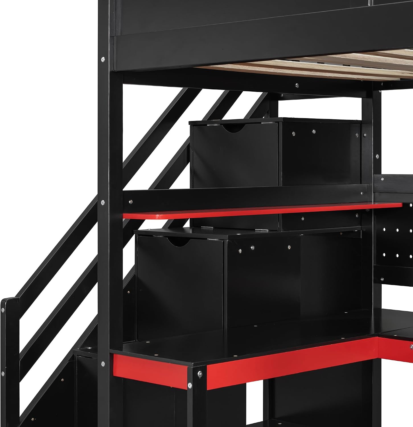 Merax Wooden Gaming Loft Bed with Storage Stairs, Desk, Shelves & Pegboard, Twin Size, Black+Red