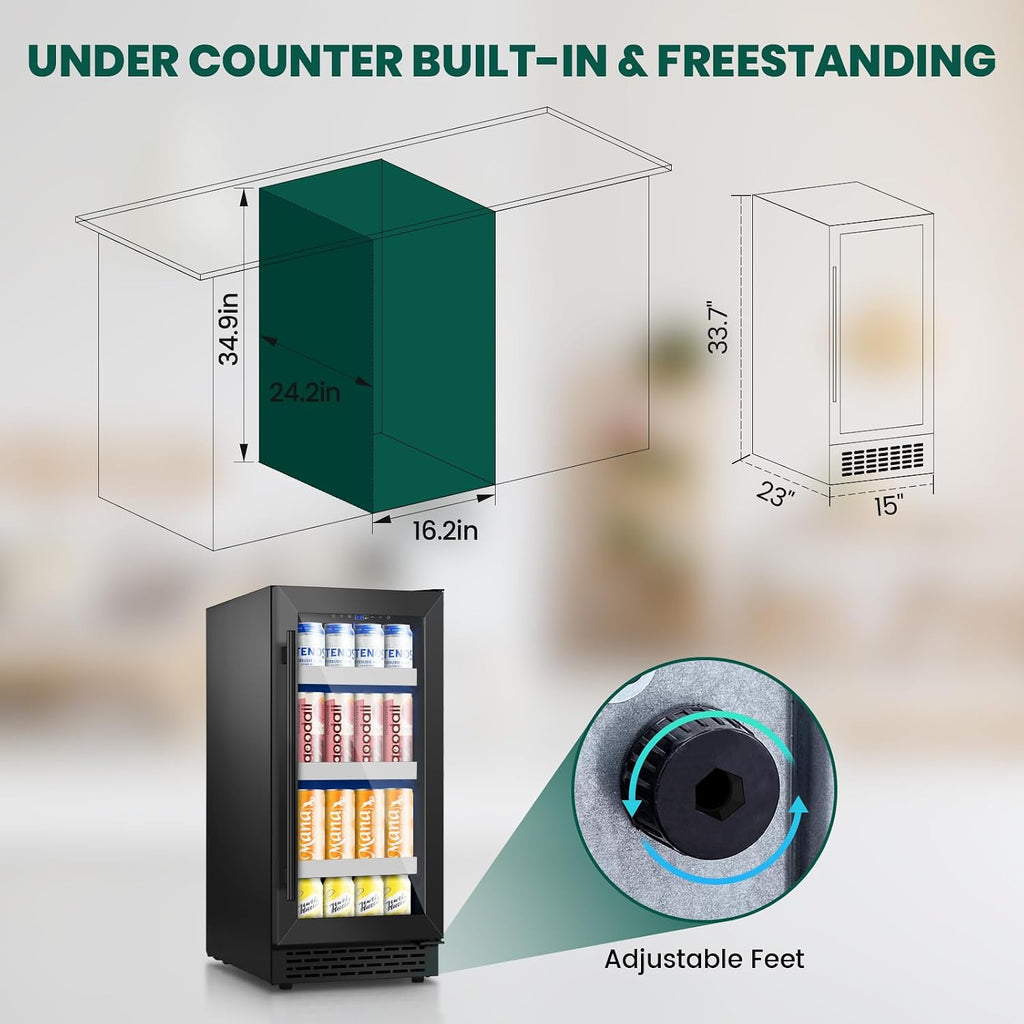 15 Inch Black Beverage Refrigerator,130 Cans Beverage Cooler Under Counter/Freestanding with Glasses Door,Drink Fridge Upgraded Compressor and Reversible Door for Beer,Soda,Juice-Home,Office