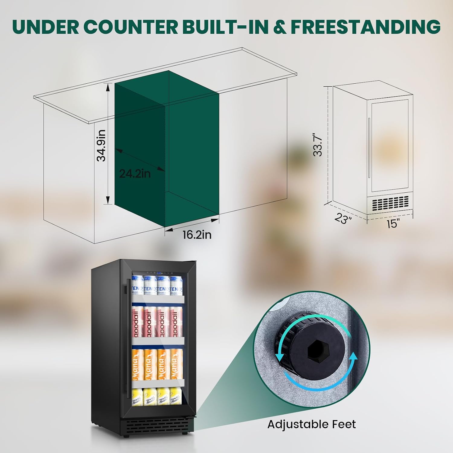 15 Inch Black Beverage Refrigerator,130 Cans Beverage Cooler Under Counter/Freestanding with Glasses Door,Drink Fridge Upgraded Compressor and Reversible Door for Beer,Soda,Juice-Home,Office