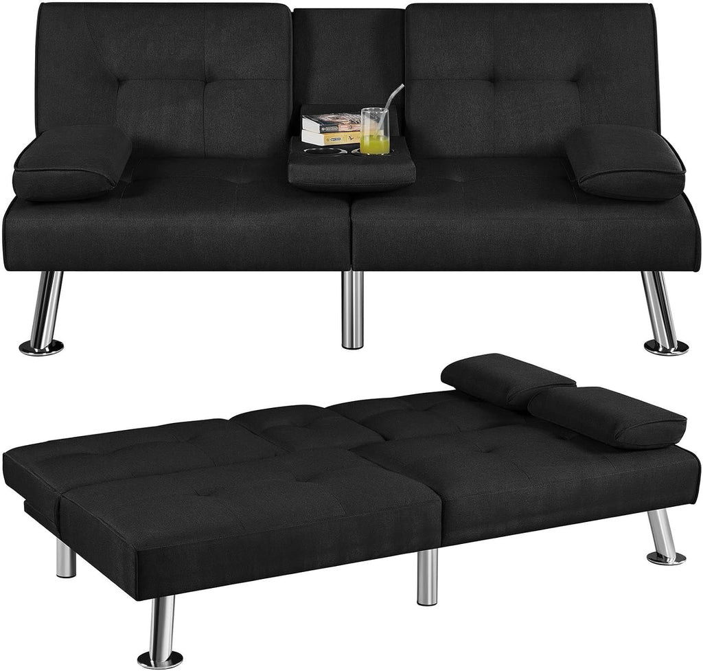 Yaheetech Convertible Sofa Bed Adjustable Fabric Couch Sleeper Modern Recliner Reversible Loveseat Folding Daybed Guest Bed, Removable Armrests, Cup Holders, 3 Angles, 772lb Capacity, Black