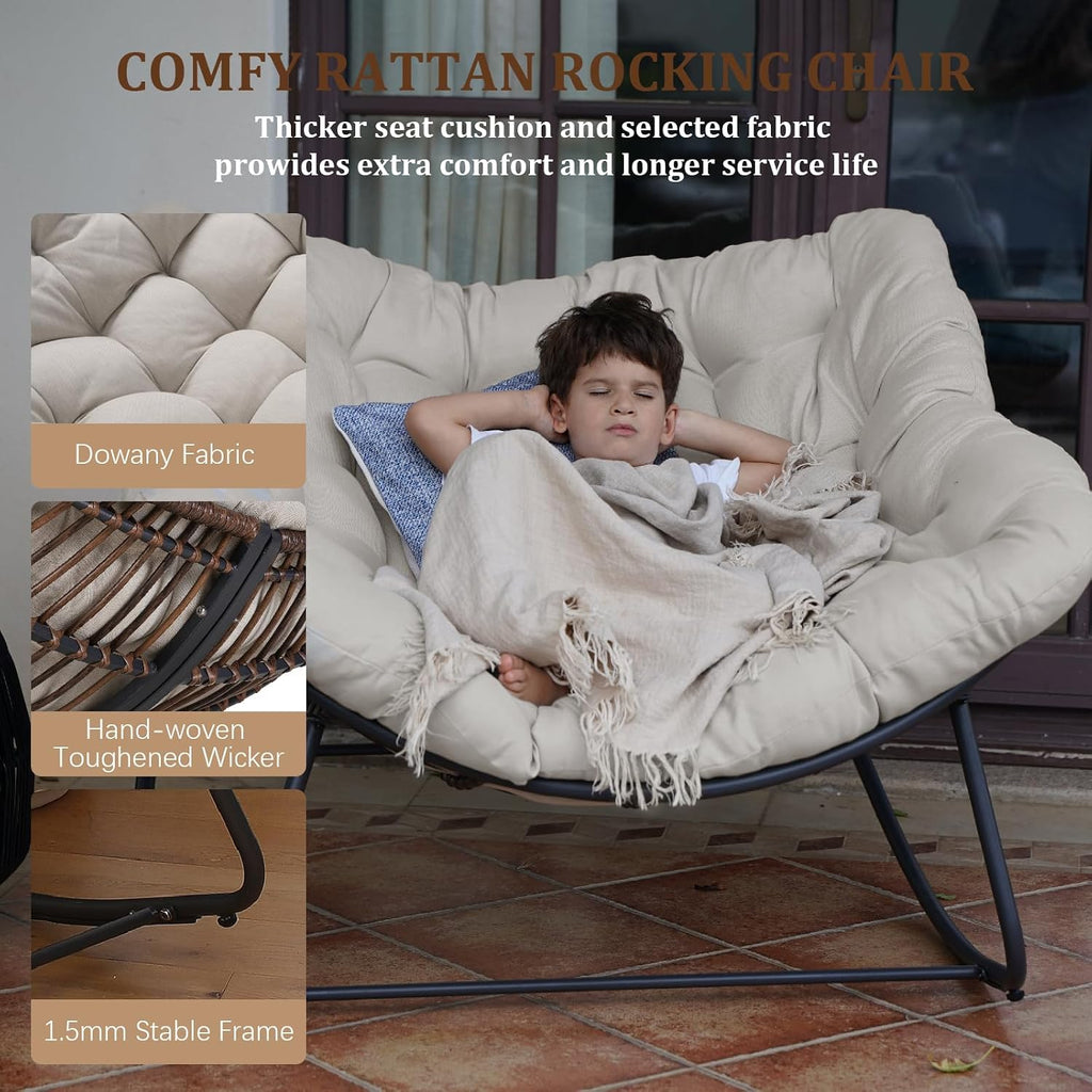 Rocking Papasan Chair, Oversized Outdoor Rocking Chair Rattan Rocking Chair with Deep Seat Thick Cushion, Patio Rocking Chair for Indoor/Porch/Garden (Beige & Black), Spring, 2026