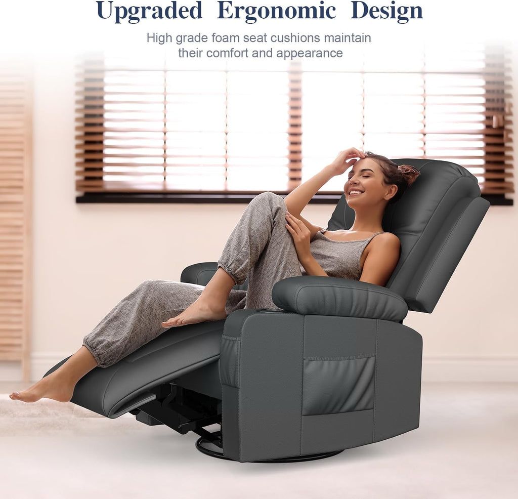 FURNIMAT Recliner Chairs for Adults, Massage Rocker with Heated Modern Ergonomic Lounge 360 Degree Swivel Single Sofa Seat Living Room Lounge Recliners Gray