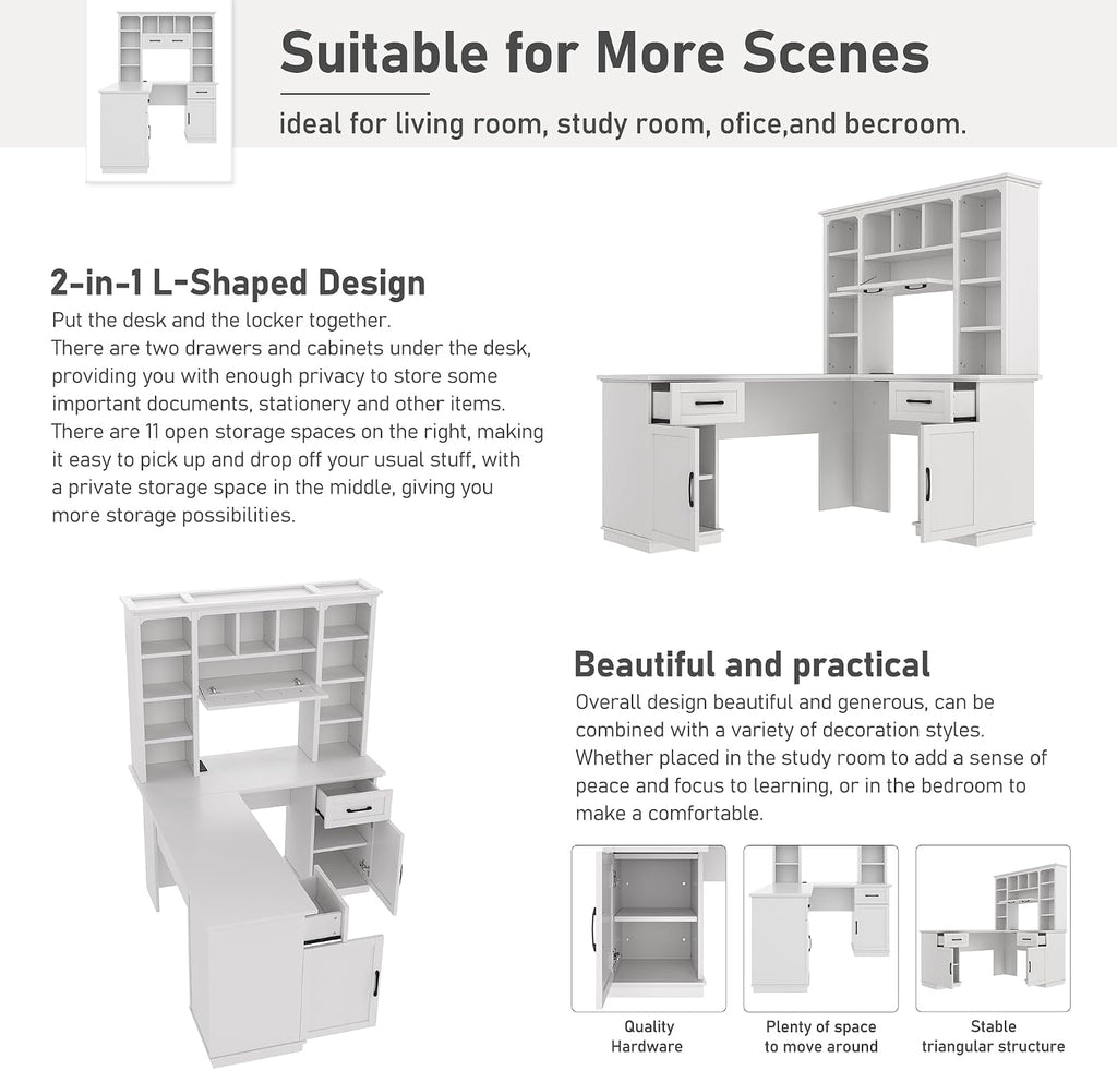 Bellemave L-Shaped Computer Desk with 2 Cabinets and 2 Drawers, Home Office Desk with 11 Open Shelves and 1 Right Flip Shelf, Corner Desk for Study, Living Room and Office (Off White