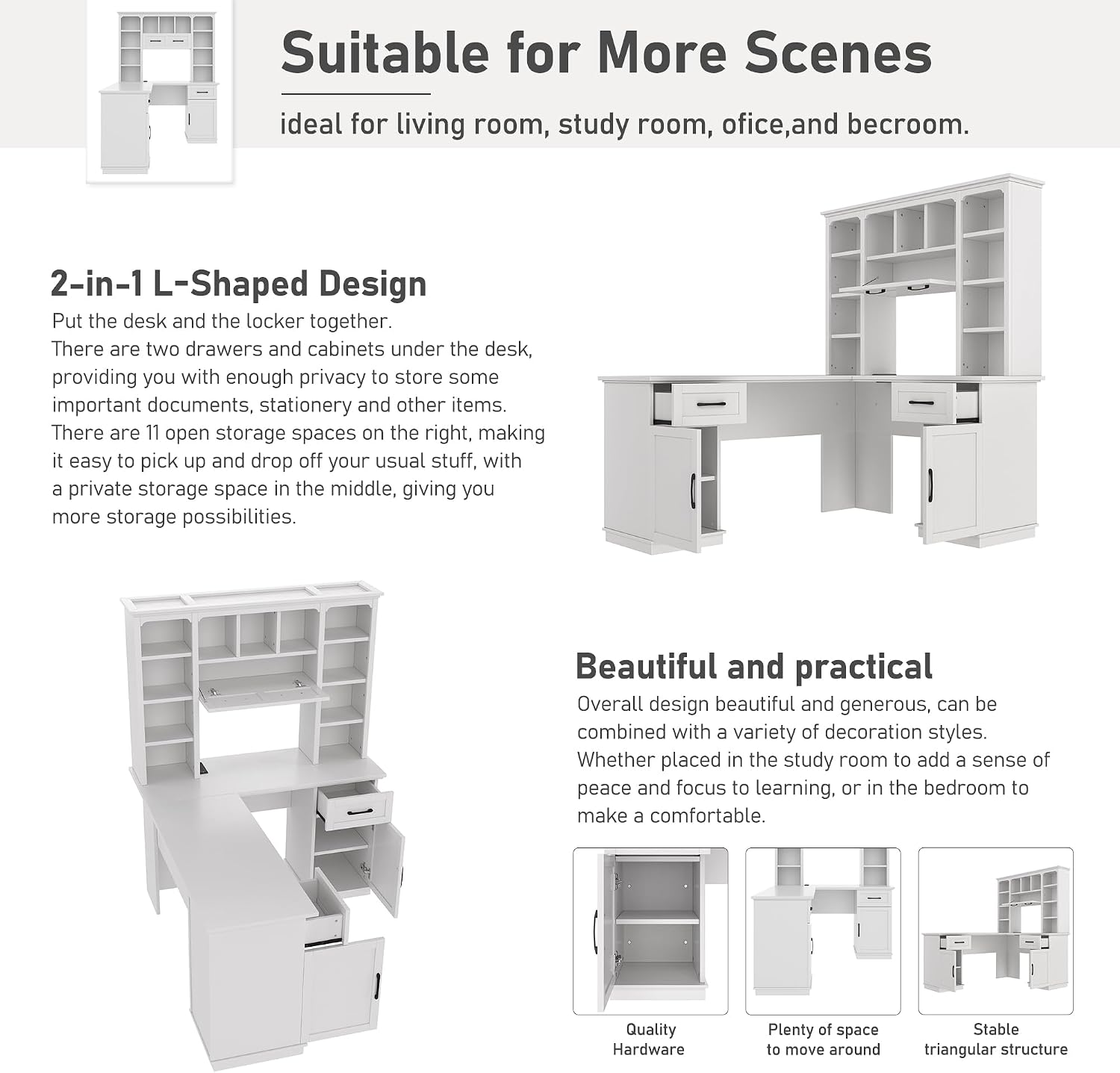 Bellemave L-Shaped Computer Desk with 2 Cabinets and 2 Drawers, Home Office Desk with 11 Open Shelves and 1 Right Flip Shelf, Corner Desk for Study, Living Room and Office (Off White