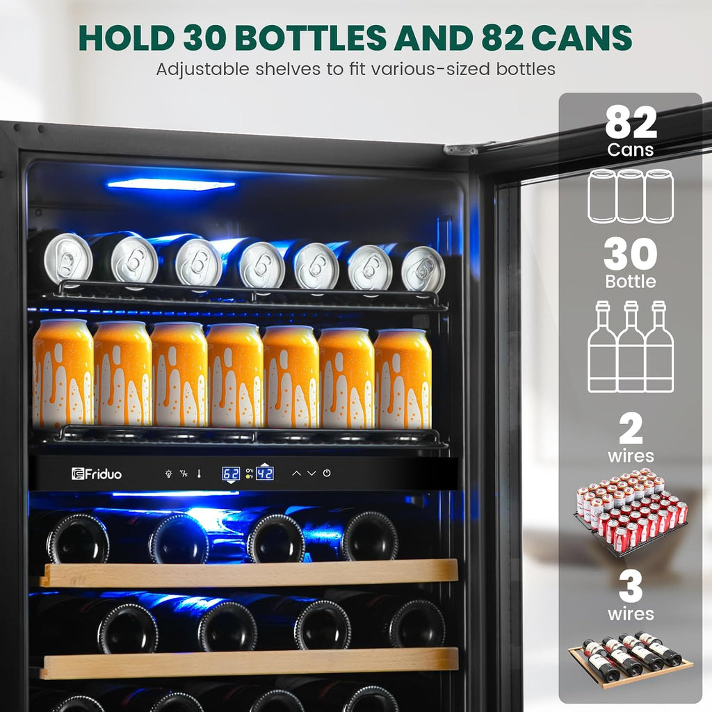 24 Inch Beverage Refrigerator,30 Bottles & 82 Cans Dual Zone Beverage Fridge Built-In or Freestanding With Glass Door for Soda, Wine, Water - For Kitchen, Bar Or Office