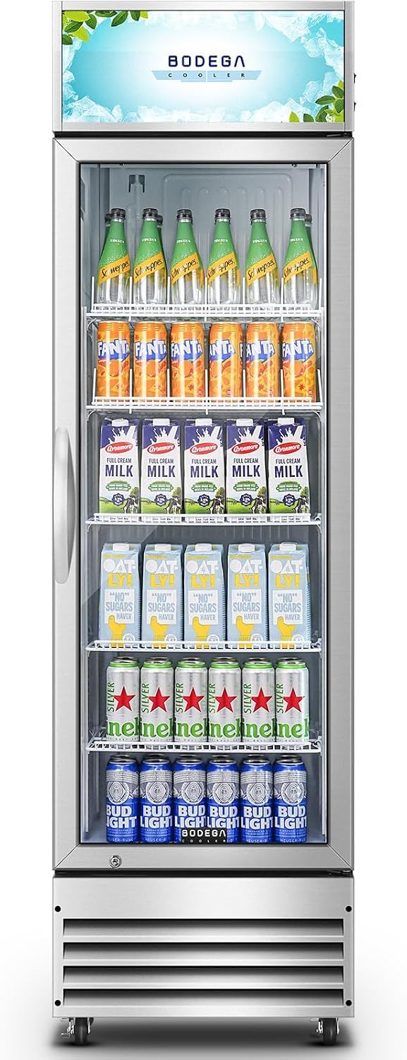 BODEGACOOLER Commercial Merchandiser Refrigerator, 12.5 Cu.Ft Glass Door Display Cooler, Upright Beverage Refrigerator with Soft LED Light, Adjustable Shelves, 4 Heavy-Duty Stainless Steel Casters
