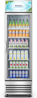 BODEGACOOLER Commercial Merchandiser Refrigerator, 12.5 Cu.Ft Glass Door Display Cooler, Upright Beverage Refrigerator with Soft LED Light, Adjustable Shelves, 4 Heavy-Duty Stainless Steel Casters