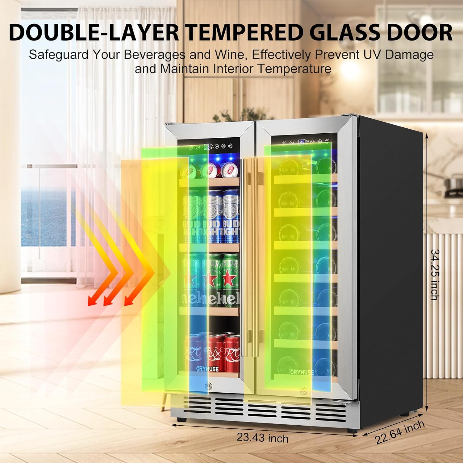 ORYMUSE 24 Inch Dual Zone Wine and Beverage Refrigerator, Built-in or Freestanding Cooler with French Doors, Drink Fridge with Upgraded Compressor for Beer, Wine, and Soda