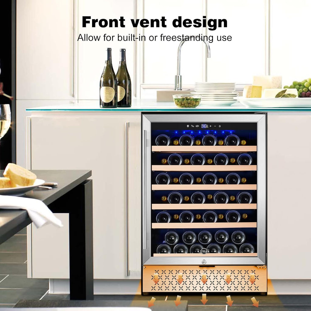 Tylza 24 Inch Wine Fridge, 54 Bottles Wine Refrigerator, Under Counter or Freestanding, 40-65°F, Lock, Double Layer Tempered Glass Door, Wine Cooler Refrigerator with Adjustable Wooden Shelves