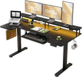 OffiGo U Shaped Electric Standing Desk with Keyboard Tray, 63 Inch Height Adjustable Desk with Power Outlets & LED Lights, Sit Stand Table with Monitor Stand for Home, Office, Black