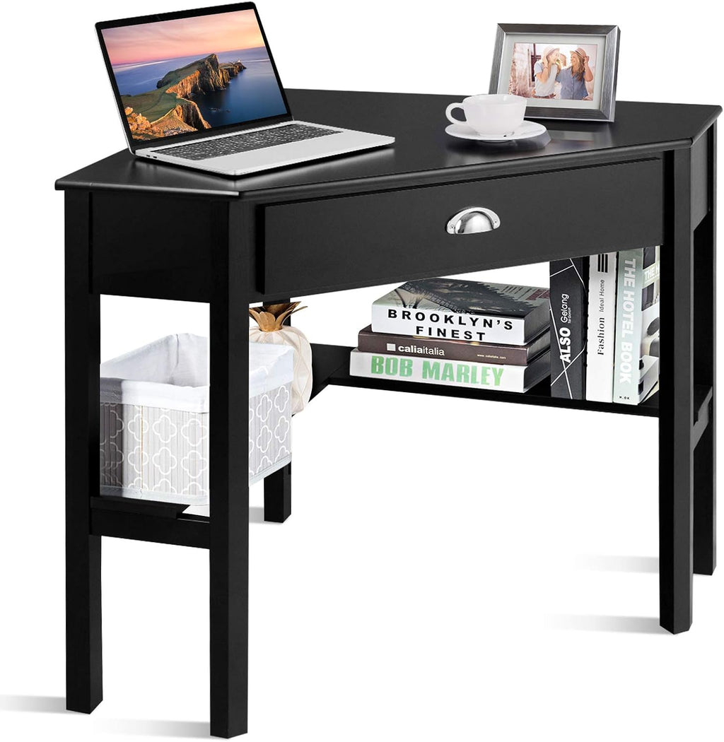 COSTWAY Corner Desk with Drawer for Small Space, Wood Makeup Vanity, Shelves, Office Study Workstation (Black)