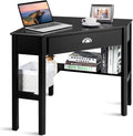 COSTWAY Corner Desk with Drawer for Small Space, Wood Makeup Vanity, Shelves, Office Study Workstation (Black)