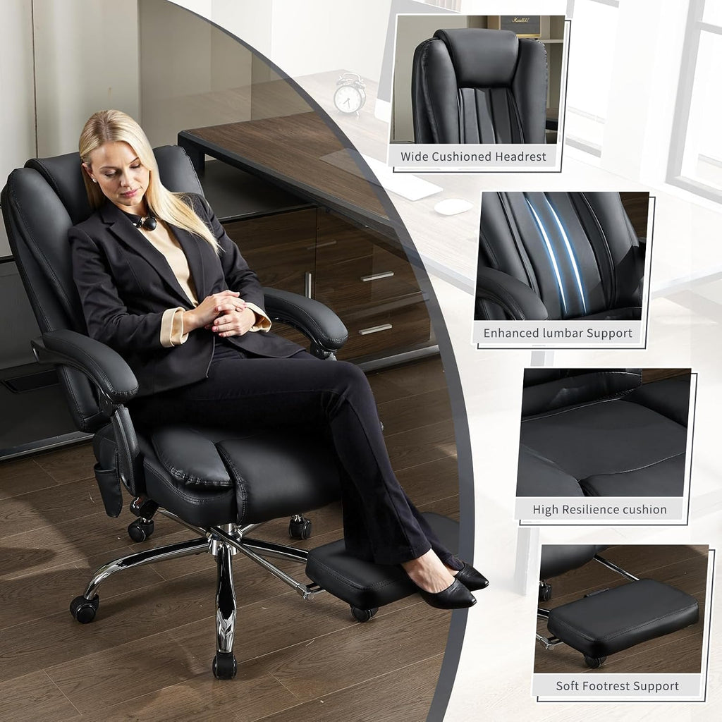 Massage Office Chair with Footrest, Heated 6-Point Vibration Ergonomic Executive Office Chair for Home, Big and Tall 500lbs Capacity Reclining High Back Computer Chair for Heavy People, PU Leather