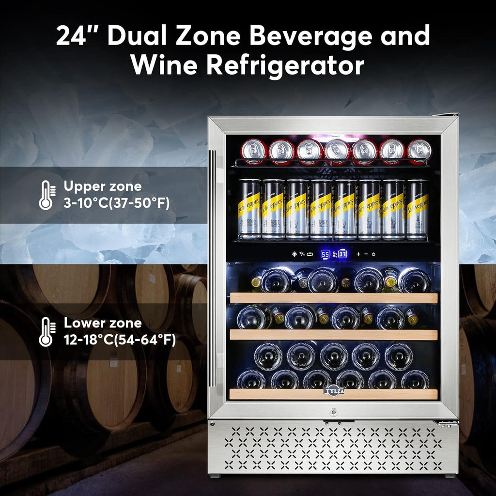 Tylza Wine and Beverage Refrigerator, 24 Inch Dual Zone Wine Fridge Built-in or Freestanding, Holds 100 Cans and 30 Bottles, Under Counter Wine Cellar with Double-Layer Glass Door, LED Light, Lock