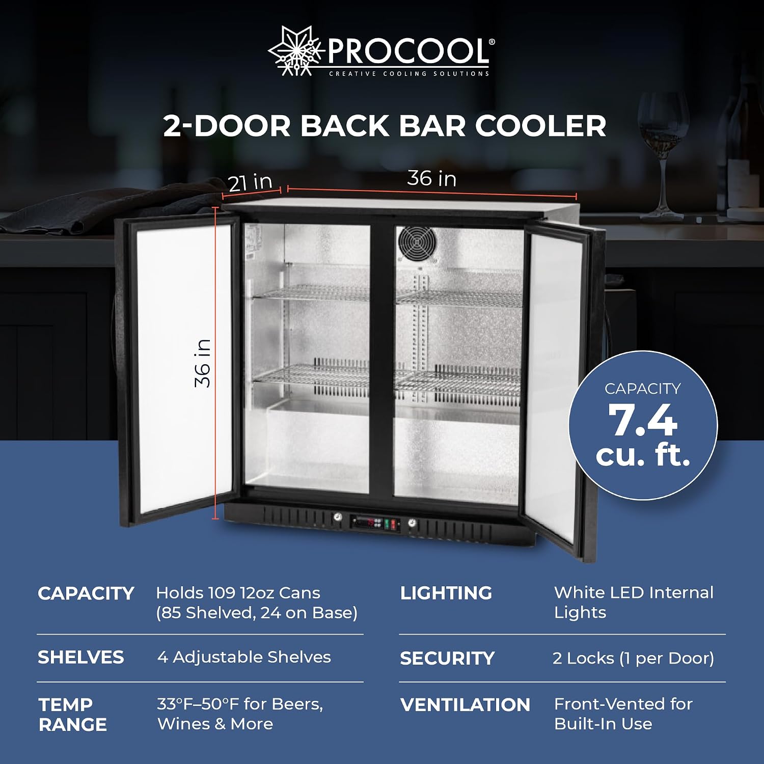 Procool 2-Door Counter Height Beverage Refrigerator - 36' Wide Energy Efficient Black Bar Fridge With LED Lighting - Commercial Back Bar Cooler