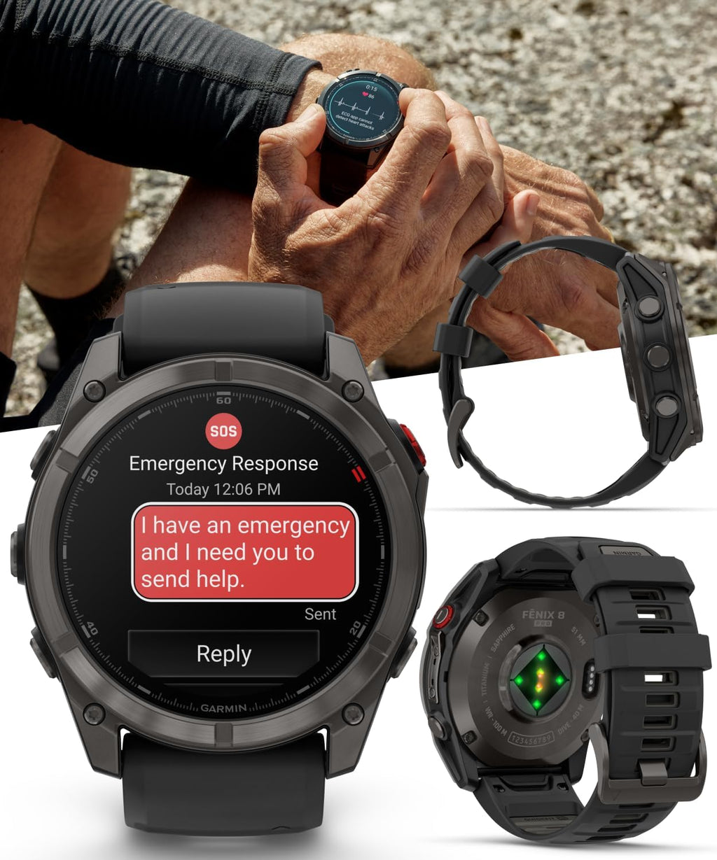 Wearable4U Garmin Fenix 8 Pro – 51mm AMOLED LTE & Satellite Connected Multisport GPS Smartwatch, inReach Technology: Sapphire Carbon Gray DLC Titanium w/Black-Pebble Gray Silicone Band Power Bundle