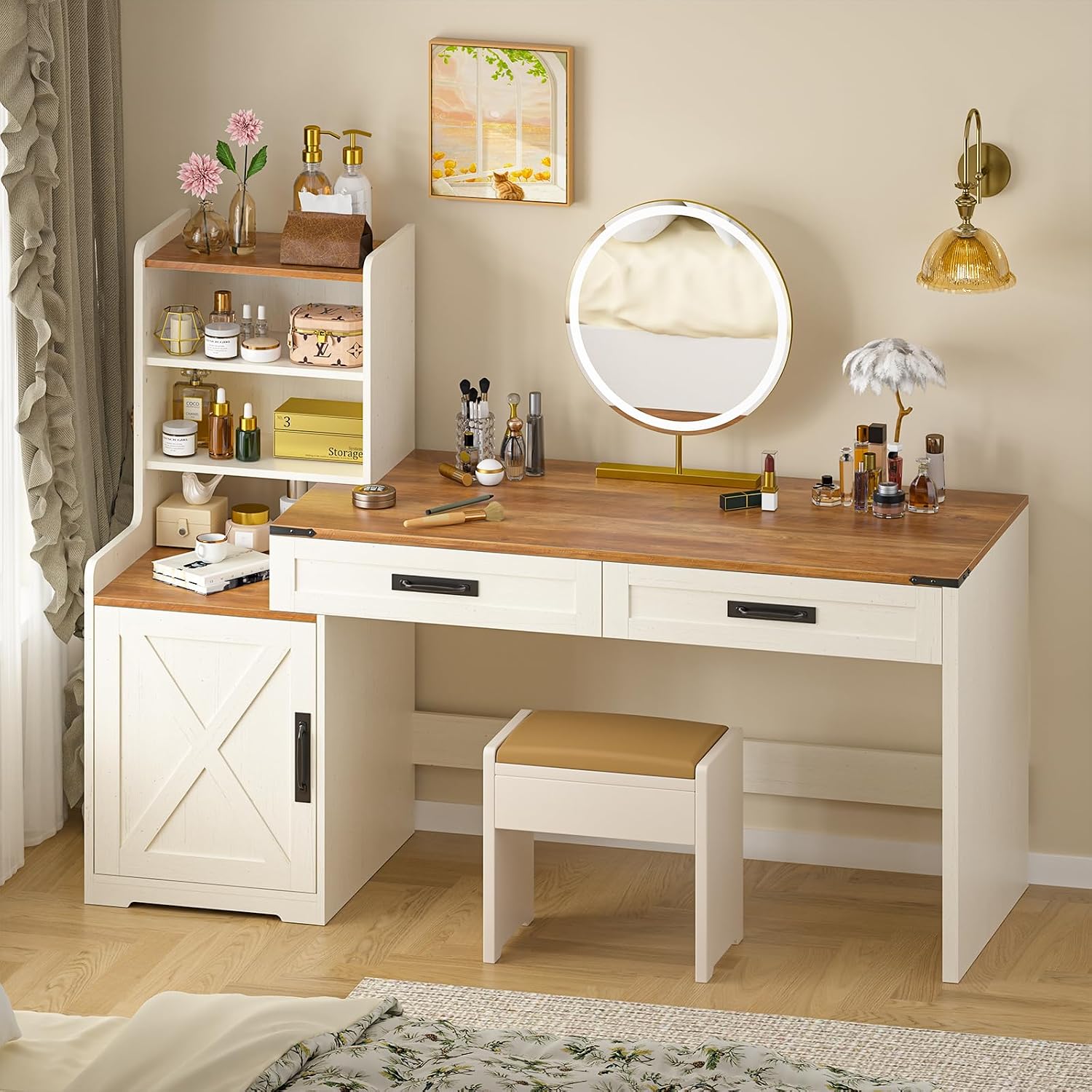 YOMILUVE 60'' Farmhouse Computer Desk with Drawers, Home Office Desk with Bookcase, Vanity Desk Writing Study Table with Storage, Antique White