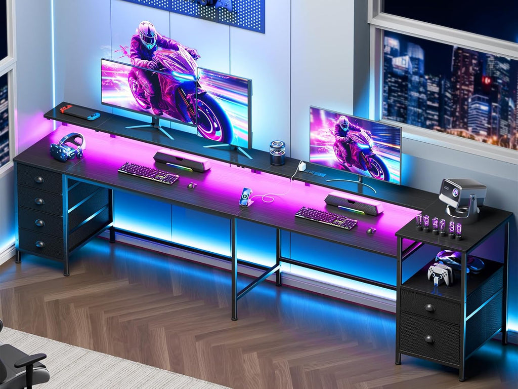 Furologee 95' Two Person Computer Gaming Desk, Long 2 Person Home Office Desk with 6 Drawers & Storage Shelves, Double Table with Power Outlets, LED Lights and Full Monitor Shelf, Black