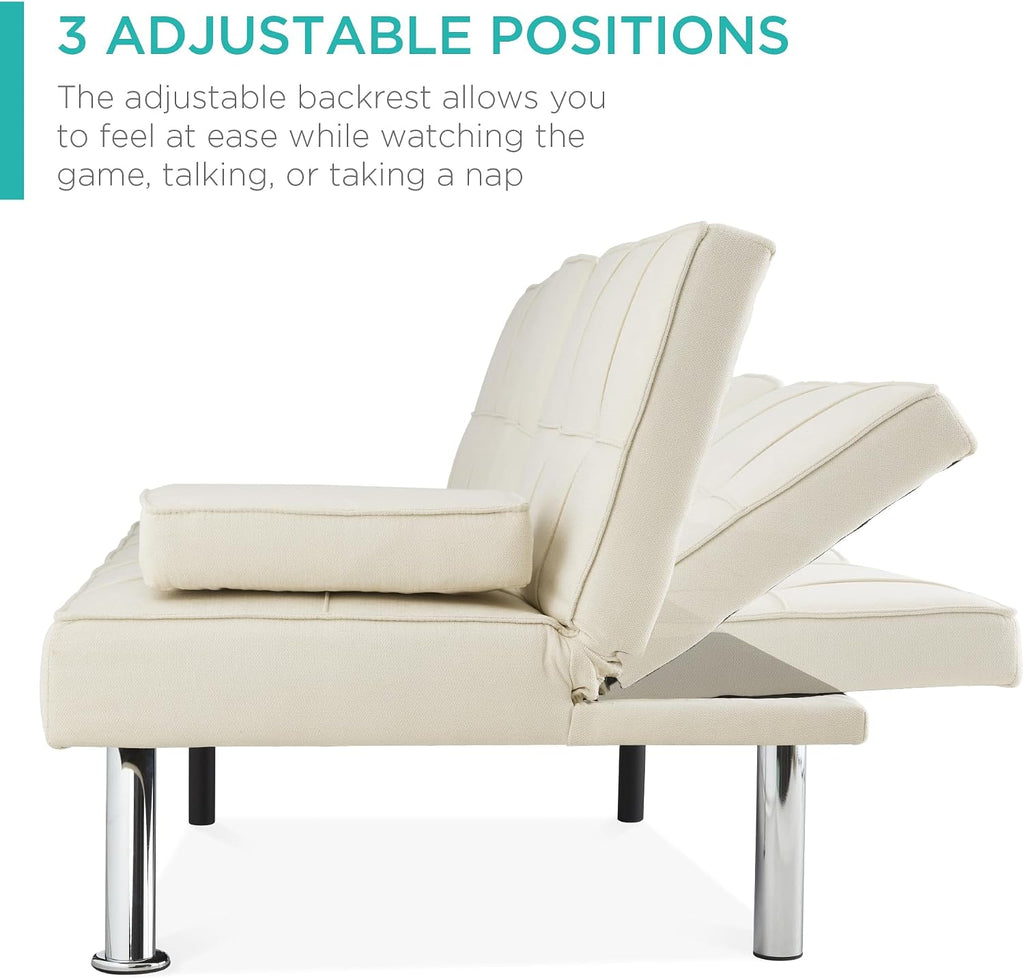 Best Choice Products Linen Modern Folding Futon, Reclining Sofa Bed for Apartment, Dorm w/Removable Armrests, 2 Cupholders - Ivory