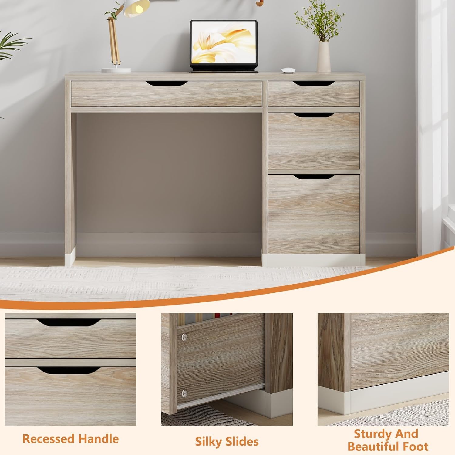 MaverickFurni 48 Inch Small Desk with Drawers, Computer Desk with Storage File Drawer for Bedroom, Office Desk with Storage for Small Space, Light Walnut