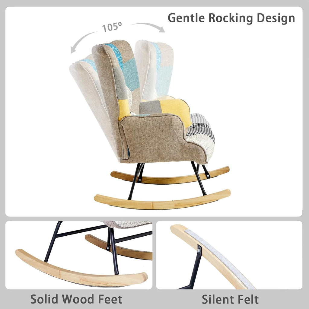 Nursery Rocking Chair, Baby Toddler Glider Rocker with Ottoman, Comfy Accent Chair, for Bedroom Living Room Small Spaces, Patchwork Linen, Colorful