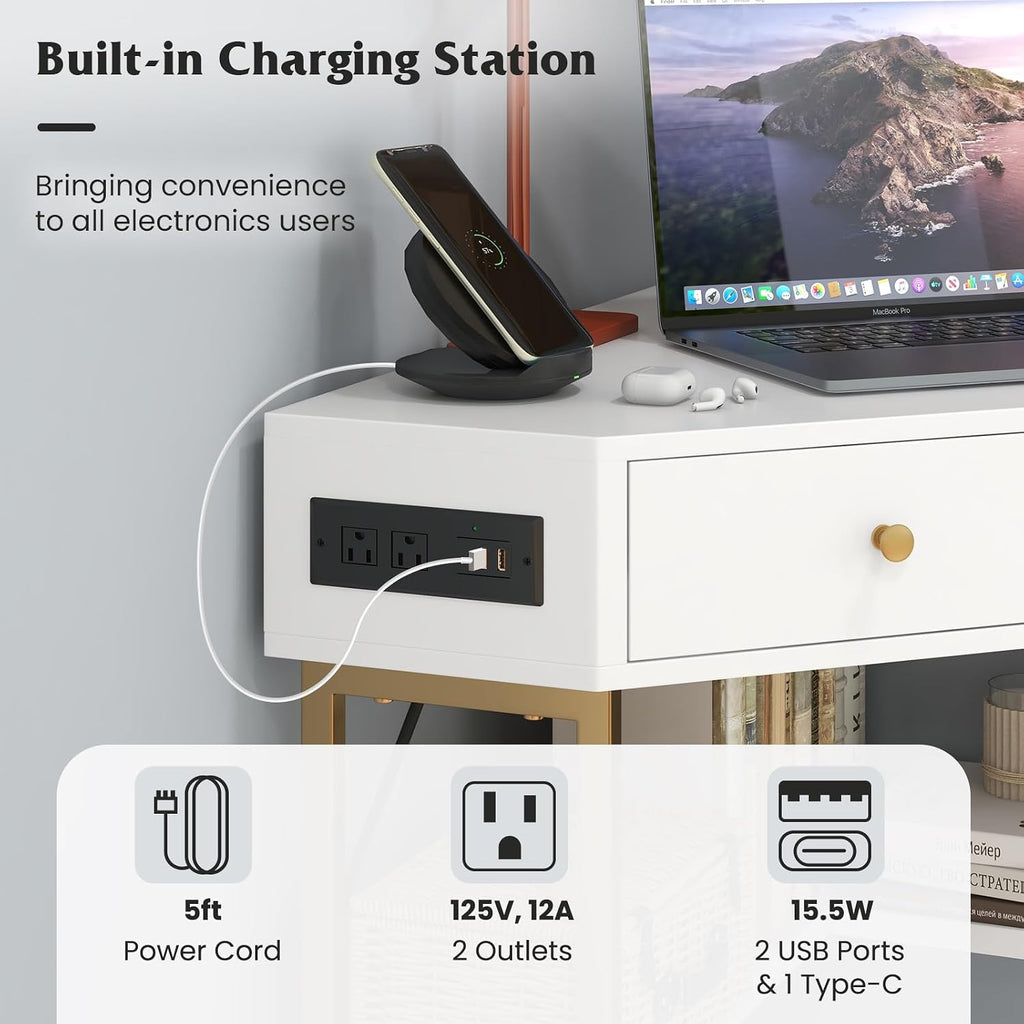 Tangkula White Corner Desk with 2 Drawers & Built-in Charging Station, 90 Degrees Triangle Computer Desk for Small Space, Bedroom Makeup Vanity Desk with Shelves, Corner Writing Desk
