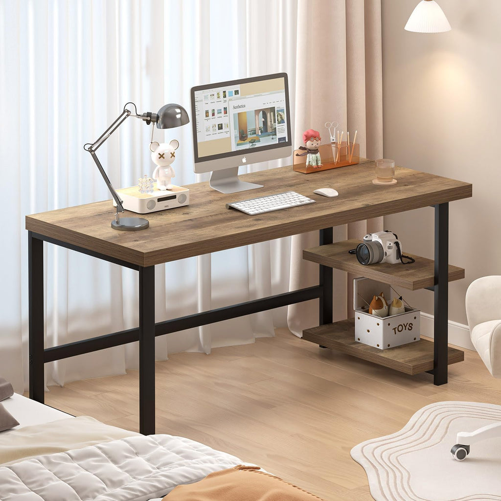 FOLUBAN 60 Inch Home Office Desk, Large Computer Desk with Storage Shelves, Modern Wood and Metal Writing Study Gaming Table Workstation for Living Room, Rustic Oak
