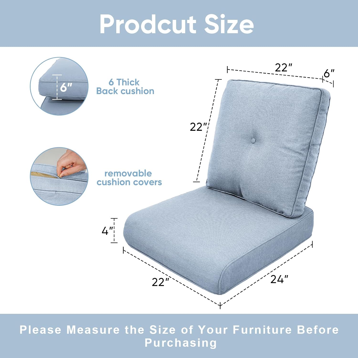 Patio Chair Cushions 5 Packs - Outside 22x24 High Back Water-Resistant Cushion with Zipper Cover for Outdoor Glider Rocking Chairs Loveseat 3-seat Couch Sofa – Baby Blue/Buckle