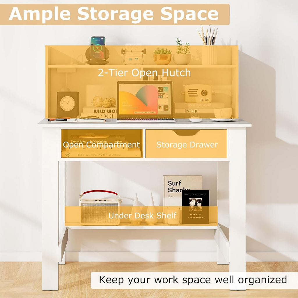 Tangkula White Desk with Hutch & Drawer, Modern Computer Desk with Charging Station USB & Type C Port, Cable Hole, Home Office Desk with Storage Shelves for Study Room Bedroom