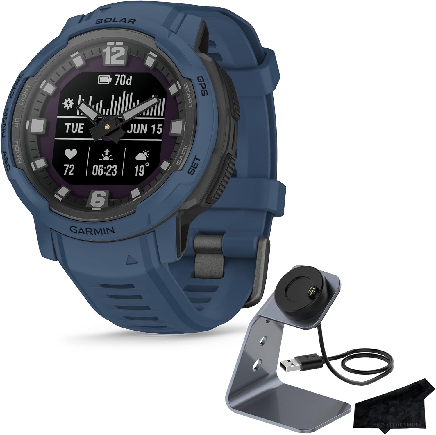 Garmin Instinct Crossover Solar, Rugged Hybrid Multisport GPS Smartwatch, Tidal Blue | Heart Rate Monitor, Analog Hands, Digital Display, Up to 28 Day Battery Life w/Signature Series Charging Bundle