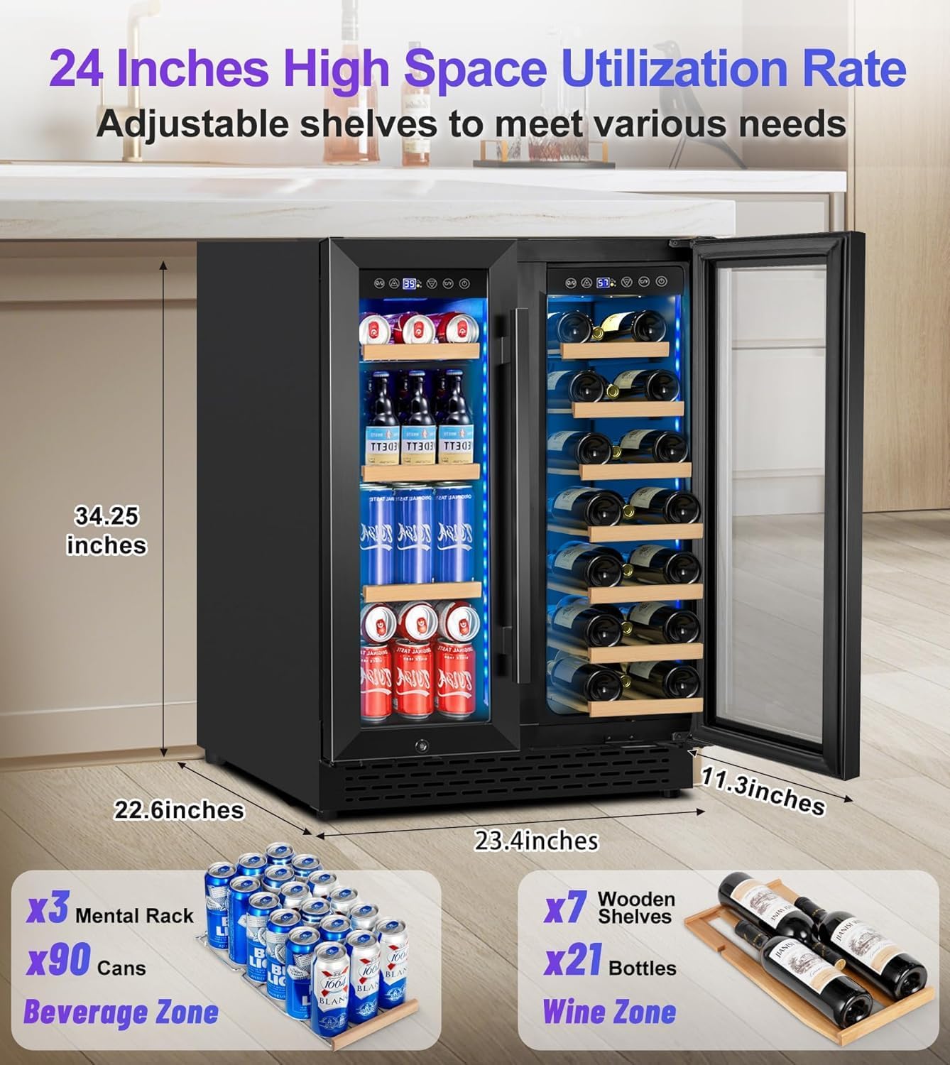 24'' Wine and Beverage Refrigerator, 4.2 Cu. Ft. Dual Zone Wine Fridge with RGB Lights French Door Intelligent Control Advanced Compressor Under Counter Cooler for Outdoor Kitchen Bar Gift Black