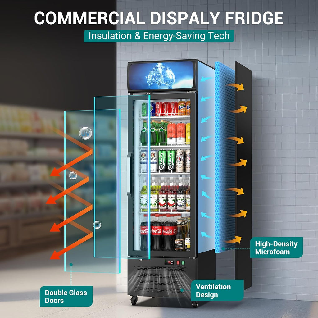 ETL & DOE Certified Commercial Beverage Refrigerator 14.8 Cu Ft, Commercial Display Fridge with Glass Door, Upright Merchandiser Refrigerator Cooler with Front LED Light for Stores, Restaurant, Office