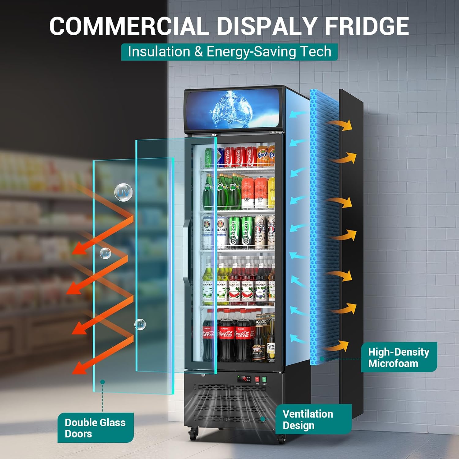 ETL & DOE Certified Commercial Beverage Refrigerator 14.8 Cu Ft, Commercial Display Fridge with Glass Door, Upright Merchandiser Refrigerator Cooler with Front LED Light for Stores, Restaurant, Office