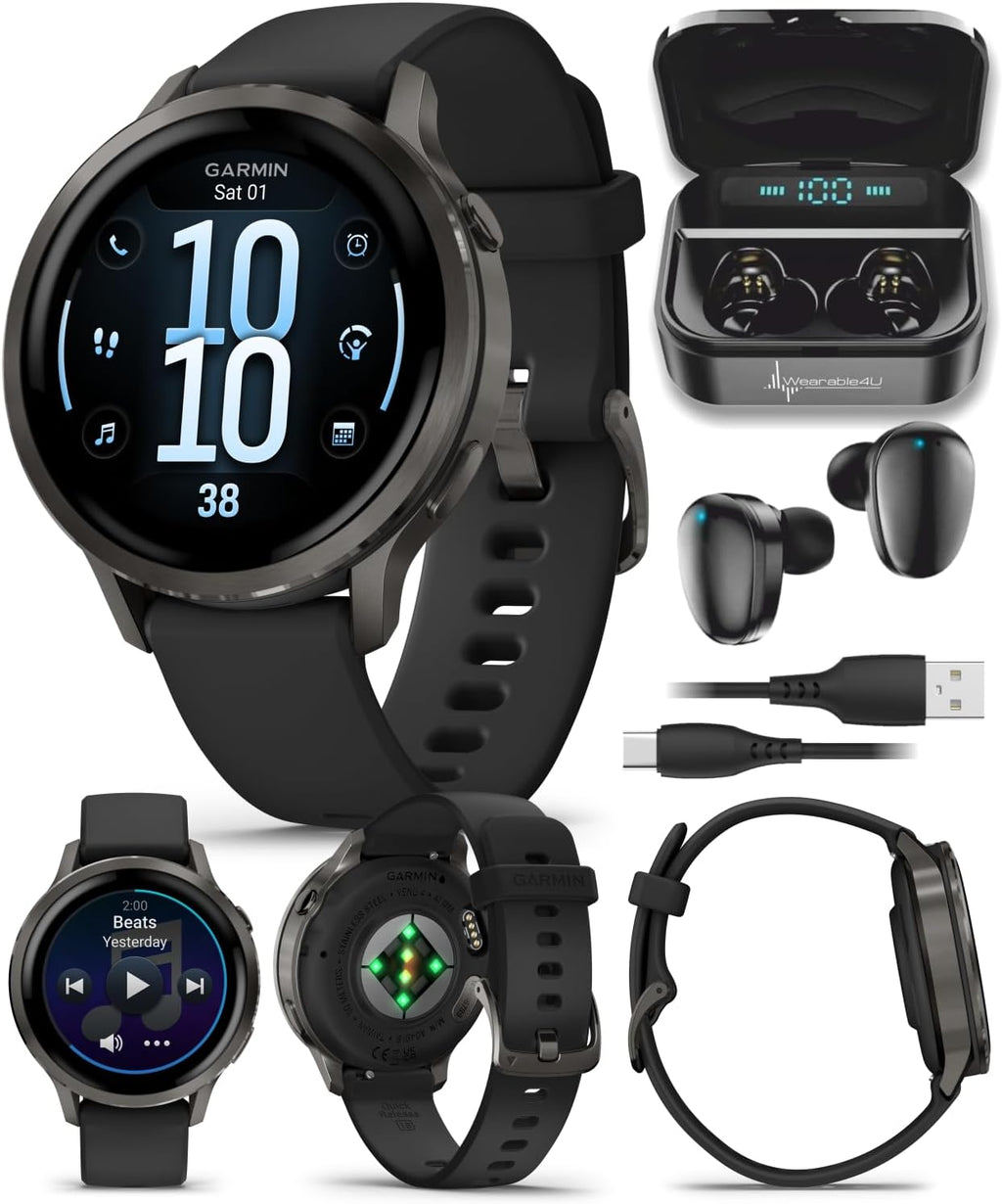 Garmin Venu 4 41mm AMOLED Advanced Health & Fitness GPS Smartwatch, Bright & Colorful Display, Built-in Flashlight, Up to 10 Days, Slate with Black Silicone Band w/Wearable4U Black Earbuds Bundle