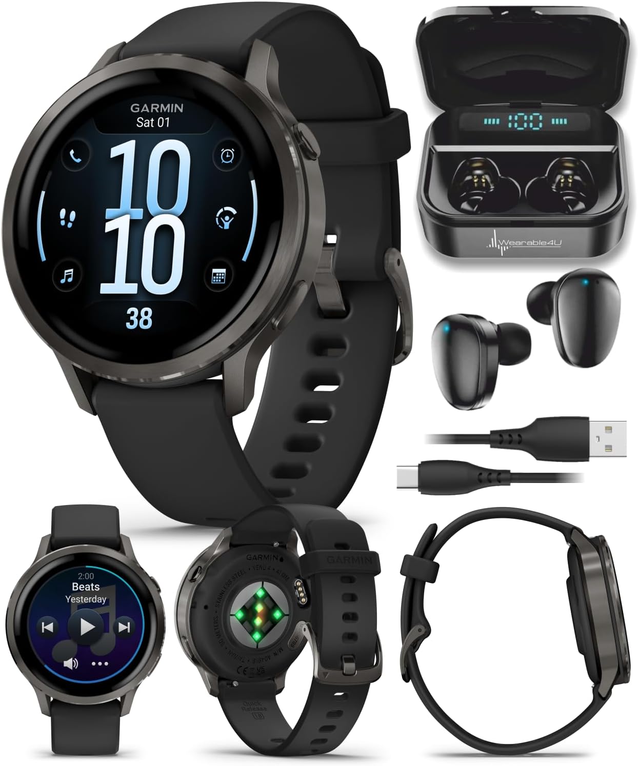 Garmin Venu 4 41mm AMOLED Advanced Health & Fitness GPS Smartwatch, Bright & Colorful Display, Built-in Flashlight, Up to 10 Days, Slate with Black Silicone Band w/Wearable4U Black Earbuds Bundle