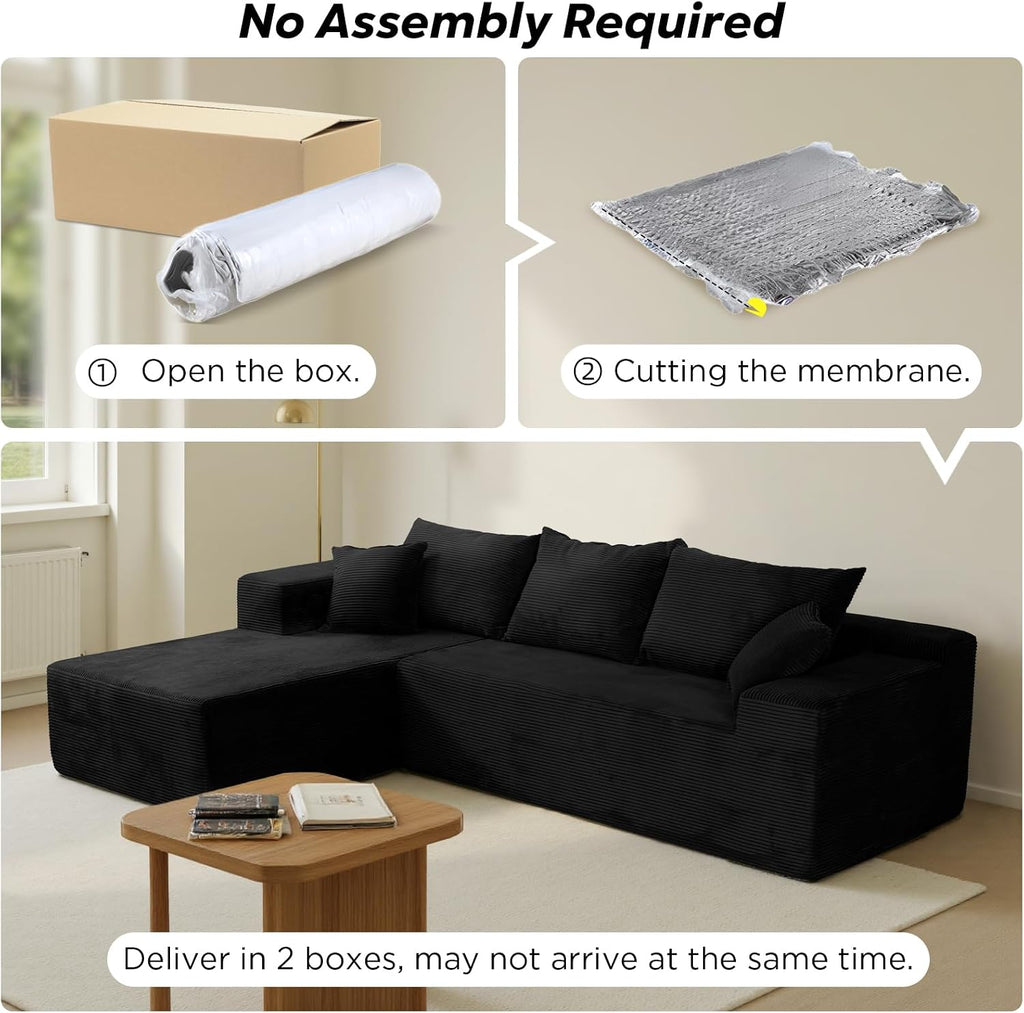Black Sectional Couches for Living Room, Boneless Couch with L-Shape Chaise, Modular Sofa in Box with Deep Seat, No Assembly Required
