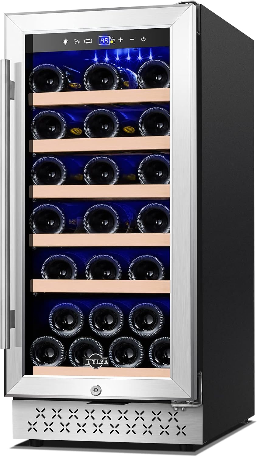Tylza 15 Inch Wine Cooler Under Counter, 30 Bottles Built-in Wine Fridge with Stainless Steel Tempered Glass Door, Temp Memory Function, Freestanding Fast Cooling Wine refrigerator, Quiet Operation