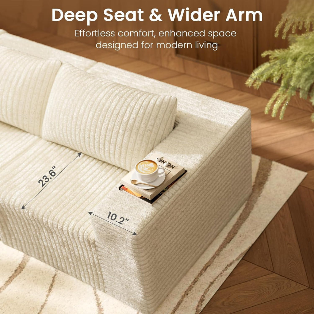 110' Cloud Modular Sectional Combination Couch with Ottoman, Deep Seat L-Shaped Sofa with Oversized Lounge, Modern Corduroy Upholstered Memory Foam Sofa for Bedroom, No Assembly (Natural White)