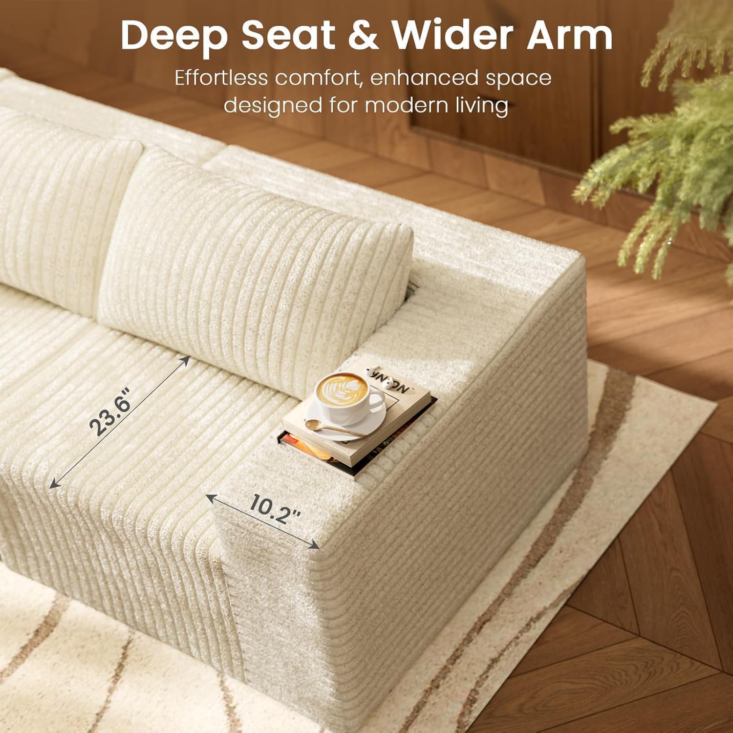 110' Cloud Modular Sectional Combination Couch with Ottoman, Deep Seat L-Shaped Sofa with Oversized Lounge, Modern Corduroy Upholstered Memory Foam Sofa for Bedroom, No Assembly (Natural White)
